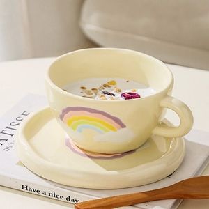 White Rainbow Ceramic Mug Tea Cup Coffee Saucer Set Teacup